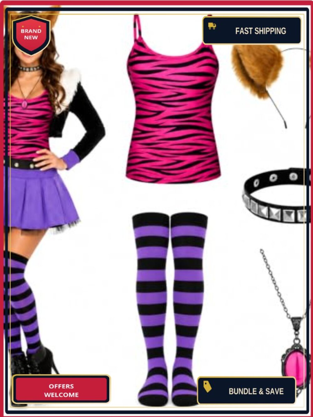 Halloween Wolf Costume Set Faux Fur Headband Tube Top Socks Choker Cosplay